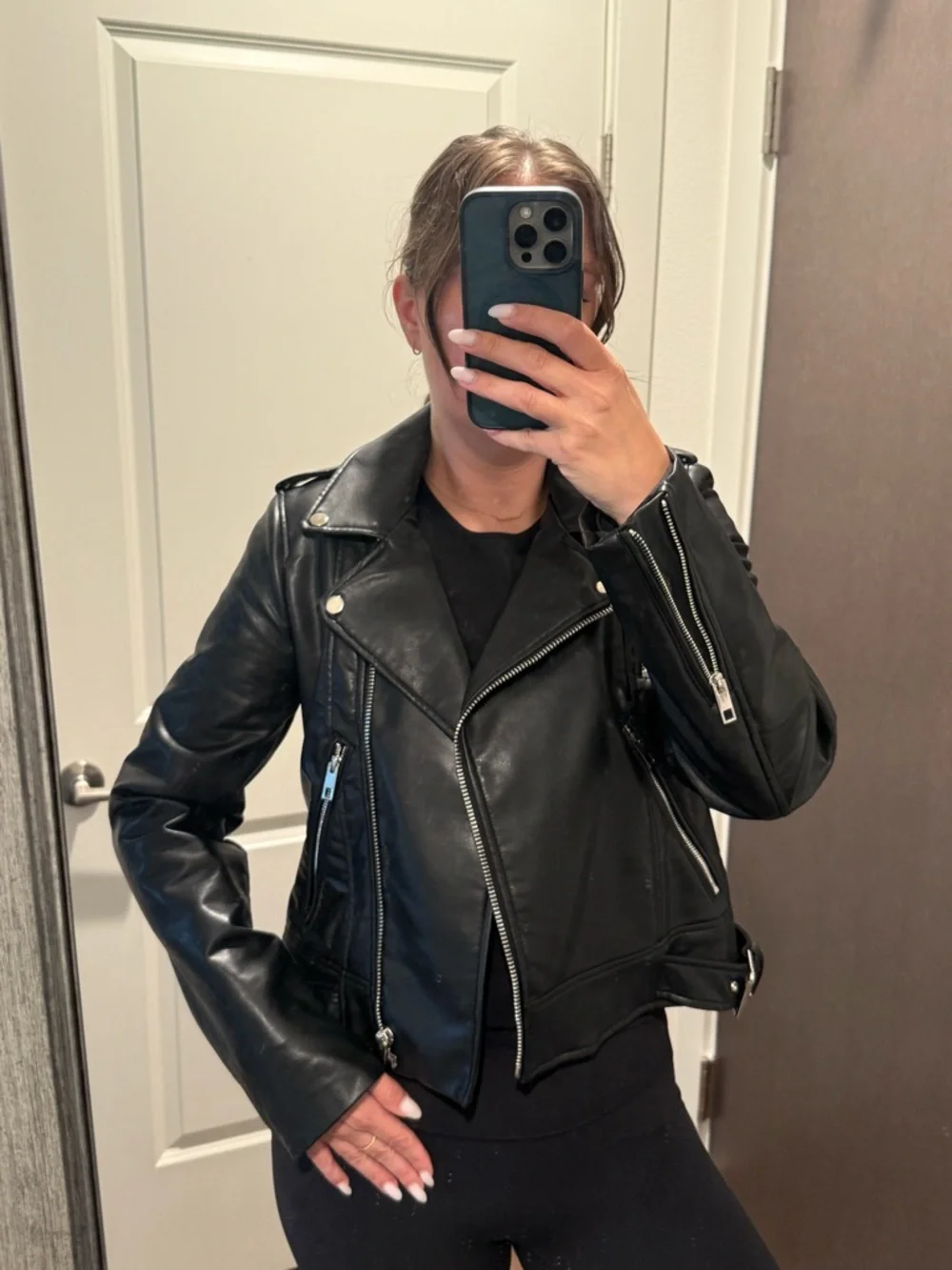 Zara Black Faux Leather Biker Jacket with Silver Hardware - Picture 6 of 7